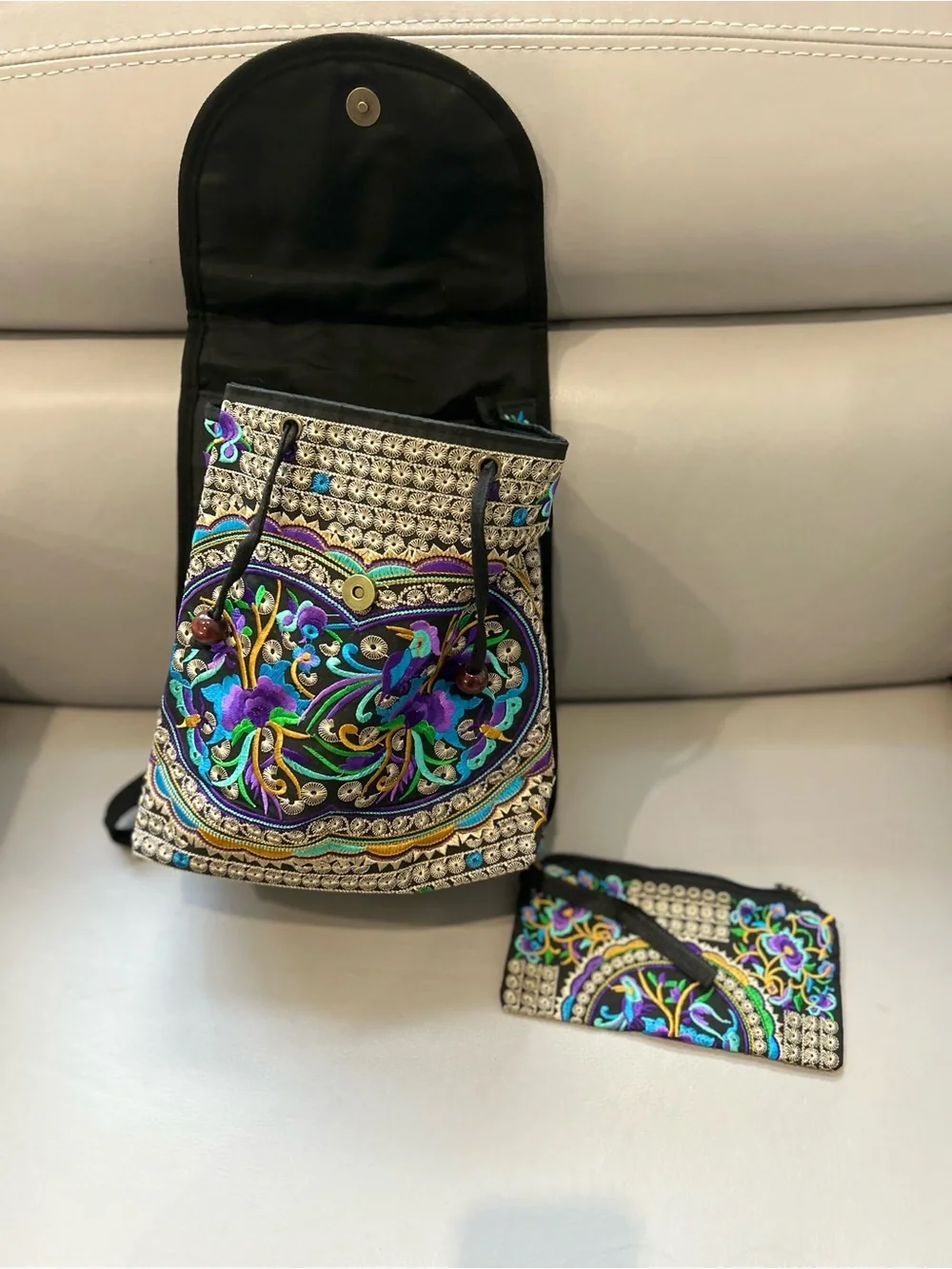 Embroidered Floral Mini Backpack - Black with Teal & Purple